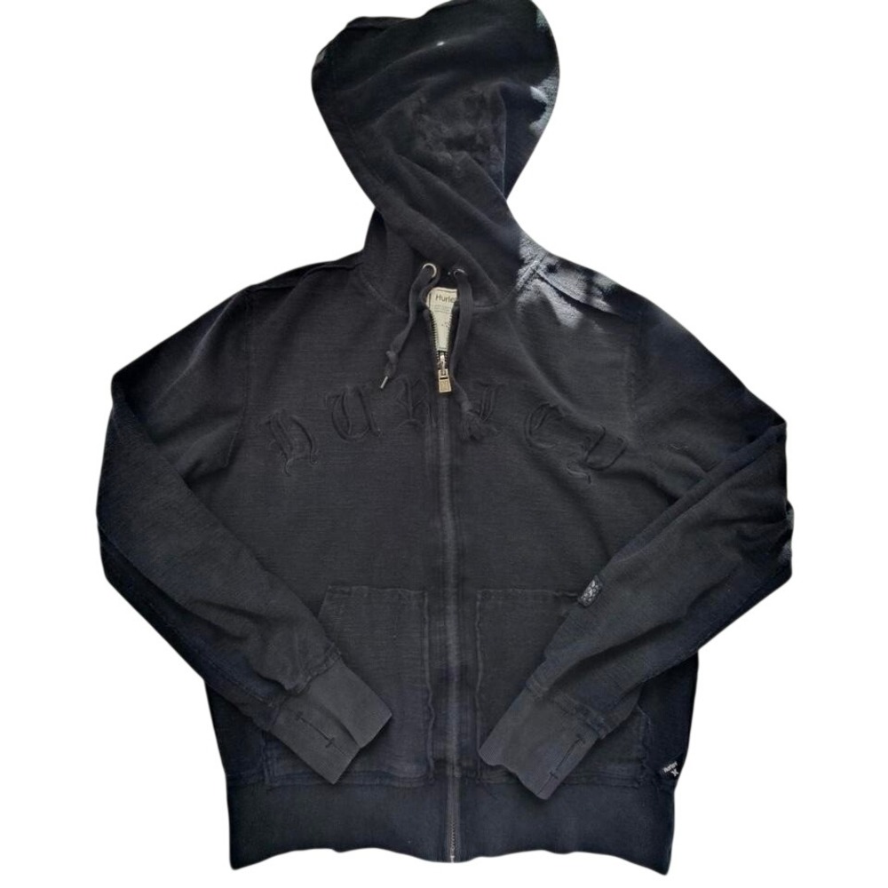 Y2K Hurley Zip Up Hoodie Black Embroidered Mens Large Skate Grunge Thumb Holes